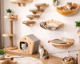 Massief houten kattenklimplank, sisalkrabpaal, hangmat, modern huisdiermeubilair