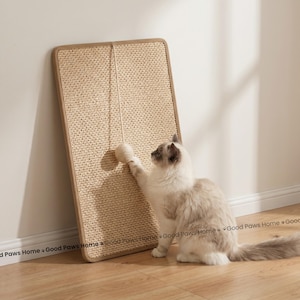 May include: A rectangular cat scratching board with a woven sisal surface and a light brown wooden frame. A small, beige ball is suspended from the top. A fluffy cat is reaching for the ball. The text "Good Paws Home" is visible.