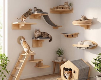 Juego de árbol para gatos de pared, poste rascador de sisal para gatos, escalones de madera para gatos para trepar, parque de juegos interior para gatos, puente flotante y cama para gatos.