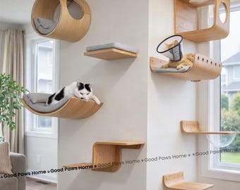 Estantes de madera para trepar gatos, juego de árbol para gatos montado en la pared, hamaca moderna para gatos, poste rascador de sisal para gatos, parque de juegos para gatitos de interior