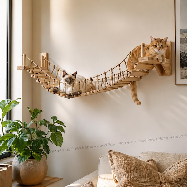 Wall Mounted Cat Bridge, Natural Wood Cat Shelf, Modern Climbing Furniture, Jute Rope Walkway