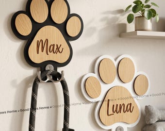Personalized Paw Leash Holder, Custom Wood Pet Organizer, Engraved Dog Name Hanger