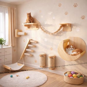 Wall Mounted Cat Tree Shelves, Wooden Cat Jumping Platform & Scratching Post, Modern Pet Climbing Frame, DIY Cat Furniture Rope Ladder Bed