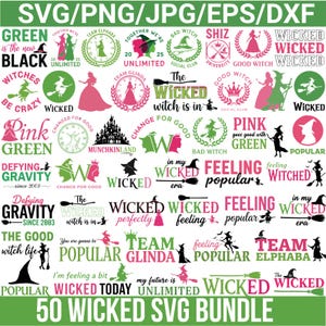 May include: A digital bundle of SVG, PNG, JPG, EPS, and DXF files with a witch theme. The designs feature text and graphics in green, black, and pink, including phrases like "Wicked," "Popular," and "Defying Gravity." The bundle includes 50 designs.