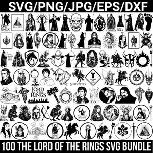 May include: A collection of 100 black and white Lord of the Rings SVG designs. The images include characters, symbols, and quotes from the series. Text at the top reads "SVG/PNG/JPG/EPS/DXF" and at the bottom "100 THE LORD OF THE RINGS SVG BUNDLE".