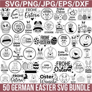 Könnte beinhalten: Eine Sammlung von 50 deutschen Ostern SVG-Designs in Schwarz und Weiß. Die Designs umfassen Ostereier, Hasen und Texte wie "Frohe Ostern" und "Happy Ostern". Geeignet für verschiedene Bastelprojekte.