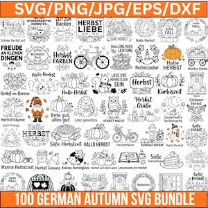 May include: A digital collection of 100 black and white autumn-themed graphic designs featuring pumpkins, hedgehogs, squirrels, bicycles, and seasonal text in German. The file formats SVG, PNG, JPG, EPS, and DXF are listed at the top and bottom.