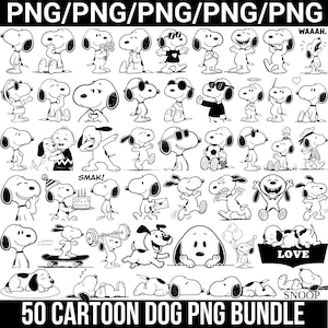 Puede incluir: Un conjunto de 50 imágenes PNG de perros de dibujos animados en blanco y negro. Las imágenes muestran al personaje del perro en varias poses, como usar gafas de sol, sostener flores y jugar con un balón de fútbol. También se incluye la palabra "LOVE".
