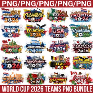 Puede incluir: Un conjunto de gráficos PNG con logotipos de los equipos de la Copa del Mundo 2026. Cada diseño incluye el nombre del país, la bandera, un balón de fútbol y el año 2026, con elementos artísticos.