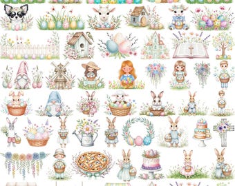 Pastel Easter Watercolor Clipart, Easter Png, Bunny Egg Spring PNG, Spring Png, Spring Floral Png, Bunny Png, Easter Flower Png, For Cricut