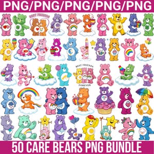 Puede incluir: Un conjunto de 50 imágenes PNG de Care Bears en varios colores y poses. Los osos están representados con corazones, arcoíris y otros diseños alegres. El texto "BEST FRIENDS FOREVER" también es visible.