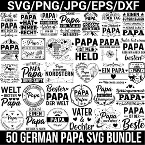 Könnte beinhalten: Eine Sammlung von 50 deutschen SVG-Designs mit dem Wort "Papa" (Papa) in verschiedenen Stilen. Enthält Sätze wie "Bester Papa" und "Mein Held", geeignet für Bastelarbeiten und Geschenke. Die Designs sind in Schwarz und Weiß.