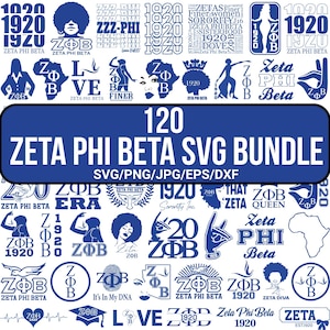 Könnte beinhalten: Eine Sammlung von 120 Zeta Phi Beta SVG-Designs in Blau und Weiß. Die Designs umfassen Logos, Silhouetten und Textelemente, ideal für digitale Bastelprojekte. Der Text "Zeta Phi Beta SVG Bundle" ist deutlich sichtbar.