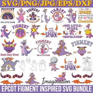 Op de afbeelding: Een verzameling kleurrijke digitale illustraties met een paarse draak, de tekst "FIGMENT" en de zin "One Little Spark". De ontwerpen omvatten verschillende poses en stijlen, perfect voor digitale kunstprojecten.