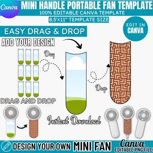 Könnte beinhalten: Eine digitale Vorlage für einen tragbaren Mini-Handventilator im Format 21,59x27,94 cm mit Drag-and-Drop-Funktion für eigene Designs. Die Grafik enthält Anleitungen, eine leere Vorlage, ein gemustertes Beispiel und drei fertige Ventilator-Symbole.