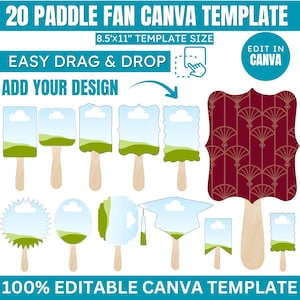 Puede incluir: Un conjunto digital de 20 plantillas de abanicos de mano para Canva con varias formas y mangos de madera. El texto dice 20 PADDLE FAN CANVA TEMPLATE, 8.5x11 TEMPLATE SIZE, EASY DRAG & DROP, ADD YOUR DESIGN, EDIT IN CANVA y 100% EDITABLE CANVA TEMPLATE.