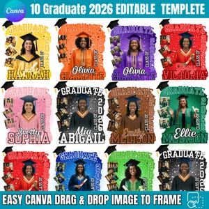 Op de afbeelding: Een collage van 10 afstudeer templates met foto's van afgestudeerden in toga's en hoeden. Elke template bevat de naam van de afgestudeerde, het woord "GRADUATE" en "CLASS OF 2026". De templates zijn in verschillende kleuren, waaronder geel, oranje, paars en rood.