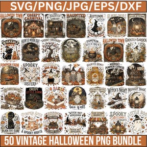 May include: A digital collection of 50 vintage Halloween-themed illustrations featuring ghosts, pumpkins, witches, black cats, and haunted houses. Each graphic includes text such as Halloween Town, Spooky Orchard, and Pumpkin Spice, presented in various file formats.