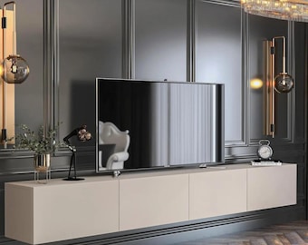 Modern tv-meubel 240 cm | Tv-console voor wandmontage | Minimalistisch mediameubel | Grote woonkamermeubels | Beige tv-meubel