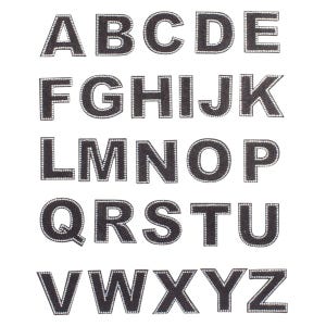 May include: A complete set of twenty-six uppercase alphabet letters from A to Z. Each individual letter is black with a distinct border made of small, clear, reflective rhinestones, arranged in five rows against a plain white background.