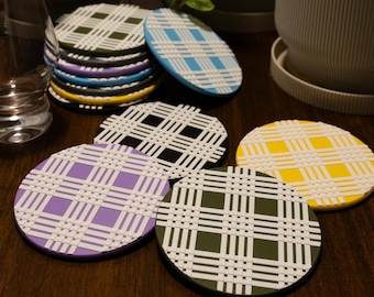 Hawaiian Palaka Coasters, Island Plaid Drink Coaster Set with Cork Backing, Made in Hawaii, Tropical Home Decor, Housewarming Gift