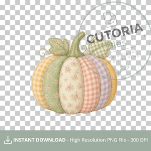 May include: A decorative pumpkin illustration featuring alternating segments of yellow, green, and peach gingham patterns alongside sections with a cream background and small pink floral prints, topped with two green fabric leaves and a stem.