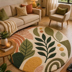Modern Botanical Round Carpet – Leaf Pattern Area Rug | Soft Plush Living Room Rug