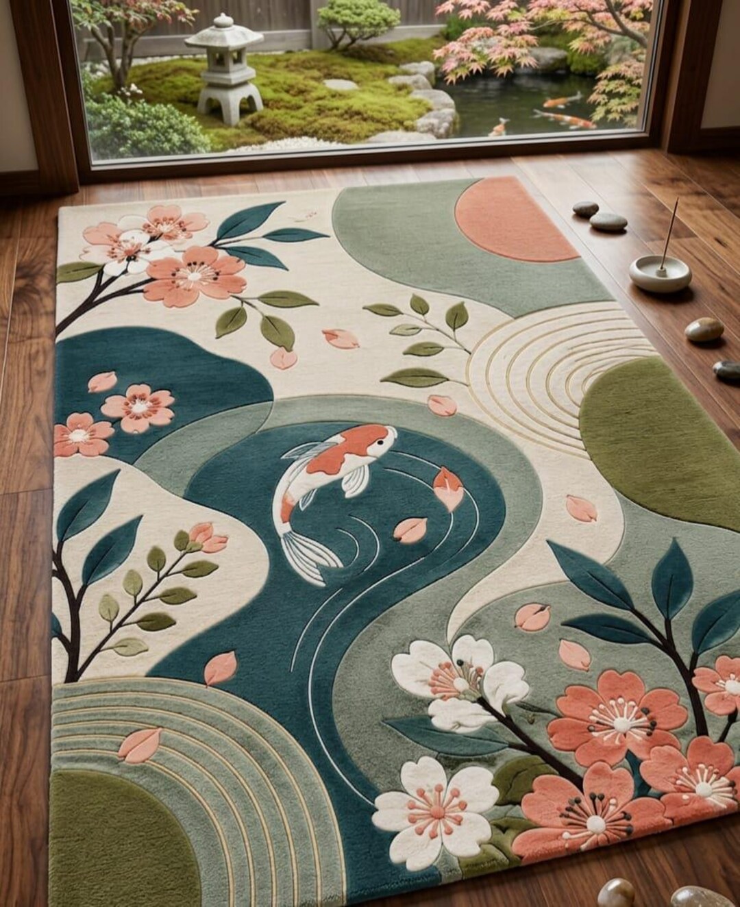 Zen Koi Sakura Area Rug – Japanese Floral Pond Carpet, Modern Abstract ...
