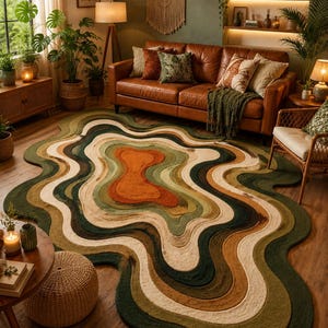 May include: A large, wavy area rug with a layered design in shades of green, beige, and orange. The rug's unique shape and color palette create a retro, bohemian vibe. The rug is placed on a hardwood floor in a living room setting.