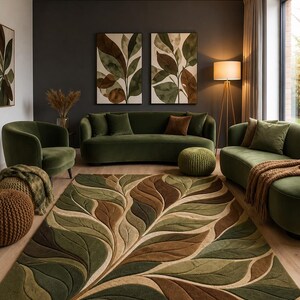 Luxury 3D Leaf Pattern Area Rug for Living Room – Green Brown Abstract Nature Carpet
