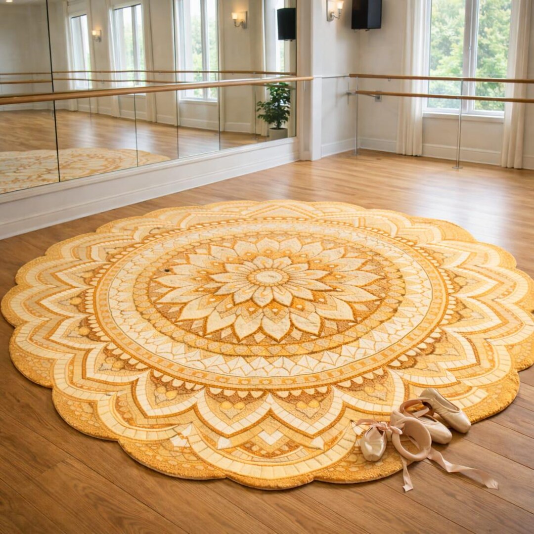 Elegant Mandala Floral Round Carpet – Golden Cream Decorative Rug for ...