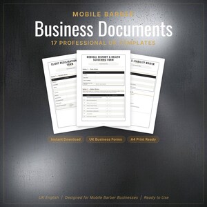 May include: A set of three white business document templates for mobile barber businesses. The documents include a client registration form, a medical history and health screening form, and a liability waiver. Text on the image includes "Business Documents" and "Instant Download".