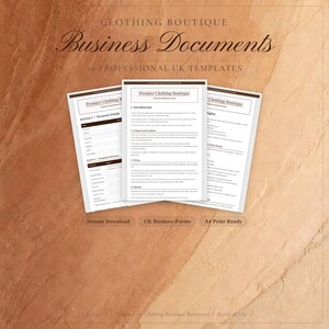 Puede incluir: Tres plantillas de documentos comerciales blancos con el texto "Premier Clothing Boutique" y "Business Documents". Los documentos están sobre un fondo marrón con el texto "Instant Download", "UK Business Forms" y "A4 Print Ready".