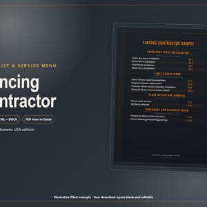 May include: A digital price list and service menu template for a fencing contractor. The dark gray document features orange text headers including Fencing Contractor Sample, Permanent Fence Installation, and Fence Access Work, in US Letter size.