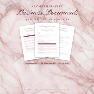 May include: Aromatherapist business documents with the text "Business Documents" and "17 Professional UK Templates." The documents are white with pink accents. The background is a marble pattern. The text "Instant Download," "UK Business Forms," and "A4 Print Ready" are also visible.