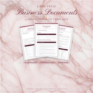 May include: Three white business document templates with burgundy accents, labeled "LASH TECH Business Documents." The documents are on a pink marble background. Text includes "Instant Download," "UK Business Forms," and "A4 Print Ready."