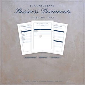 Könnte beinhalten: Bild von Geschäftsdokumenten für IT-Berater. Die Dokumente umfassen ein Kundenregistrierungsformular, einen Kundenbrief und einen Haftungsausschluss. Die Dokumente sind als Sofort-Downloads in ausfüllbaren PDF- und bearbeitbaren DOCX-Formaten verfügbar.