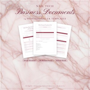 May include: A digital download featuring three white business document templates for nail technicians. The documents have a maroon accent color and are labeled with the text "Nail Tech Business Documents". The background is a marble pattern.