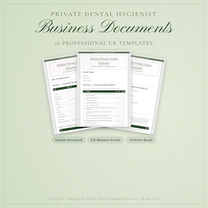 Puede incluir: Un conjunto de tres plantillas de documentos comerciales blancos para un higienista dental privado, con el texto "Business Documents" y "16 Professional UK Templates". Los documentos incluyen secciones para datos personales e historial médico. La imagen también incluye el texto "Instant Download", "UK Business Forms" y "A4 Print Ready."