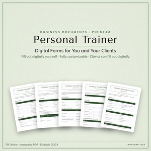 May include: A set of five digital business documents for personal trainers, featuring the text 'Personal Trainer', 'Digital Forms for You and Your Clients', and 'Northgate Strength Coaching'. The white forms have dark green headers and tables.