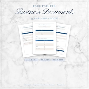 May include: Business documents for face painters, including client registration, skin sensitivity screening, and liability waivers. The documents are available as 34 files in PDF and DOCX formats. Features include instant download, fillable PDF, and editable DOCX options.