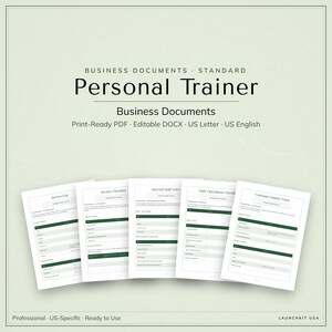 May include: A set of five printable business documents for a personal trainer, including a service log, invoice checklist, internal staff notes, daily operations checklist, and customer inquiry form, all featuring dark green headers and text.