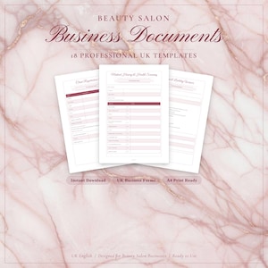 May include: Three white A4-sized documents with pink accents, labeled "Client Registration", "Medical History & Health Screening", and "Service & Liability Waiver". The documents are for beauty salon businesses. The image includes the text "BEAUTY SALON Business Documents".