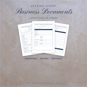 May include: Three white business document forms for letting agents, with the text "LETTING AGENT Business Documents 5 ESSENTIAL UK FORMS". The forms include "Landlord Registration", "Property Condition & Inventory Report", and "Reference Request". The image also includes the text "Instant Download", "PDF Format", and "A4 Print Ready".