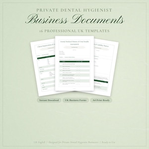 Puede incluir: Una descarga digital con 16 plantillas de documentos comerciales profesionales del Reino Unido para higienistas dentales. Los documentos incluyen un formulario de registro de clientes, una evaluación de la historia clínica dental y una renuncia de responsabilidad.