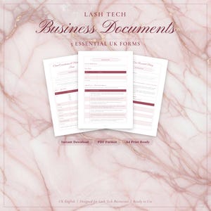May include: A digital download featuring three business document templates for lash technicians. The documents are white with burgundy accents and include forms for client consultation, patch testing, and aftercare. The background is a marble pattern.