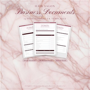 May include: Three white business document templates for a hair salon, with burgundy accents, against a pink marble background. The documents include client registration and medical history forms. Text includes "Hair Salon Business Documents" and "19 Professional UK Templates."