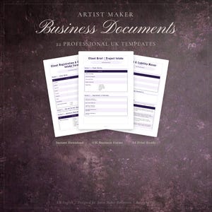 Puede incluir: Tres plantillas de documentos comerciales blancos sobre un fondo oscuro. Los documentos incluyen formularios para el registro de clientes, la toma de proyectos y las exenciones de responsabilidad. El texto de la imagen dice "ARTIST MAKER Business Documents 22 PROFESSIONAL UK TEMPLATES".