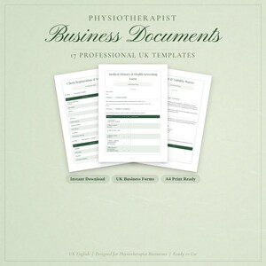 May include: A light green background with three white documents. The documents are labeled with the text "Client Registration", "Medical History & Health Screening Form", and "Liability Waiver". The text "Business Documents" is at the top.