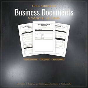 Puede incluir: Documentos comerciales para arboristas. La imagen muestra tres formularios blancos con texto, incluyendo "Client Registration & Details" y "Site Access & Property Information". Los formularios están etiquetados como "Instant Download", "PDF Format" y "A4 Print Ready".